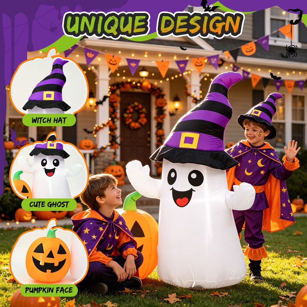 5.5FT Halloween Inflatable Ghost w/ Pumpkin & Witch Hat LED Yard Decoration NEW - Picture 1 of 9